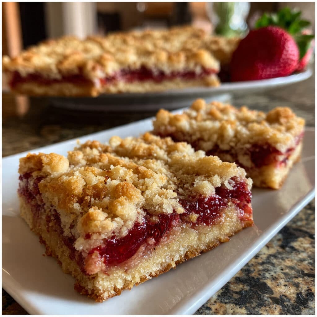 Golden strawberry pie bars with crumble topping cut into squares on a white plate, dusted with powdered sugar