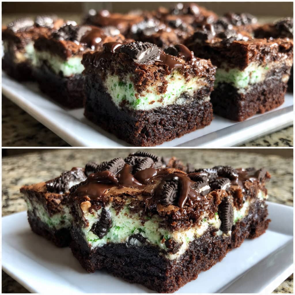 Triple Layer Fudgy Mint Oreo Brownies — rich chocolate, refreshing mint, and crunchy Oreos in every bite! The ultimate dessert for chocolate-mint lovers.