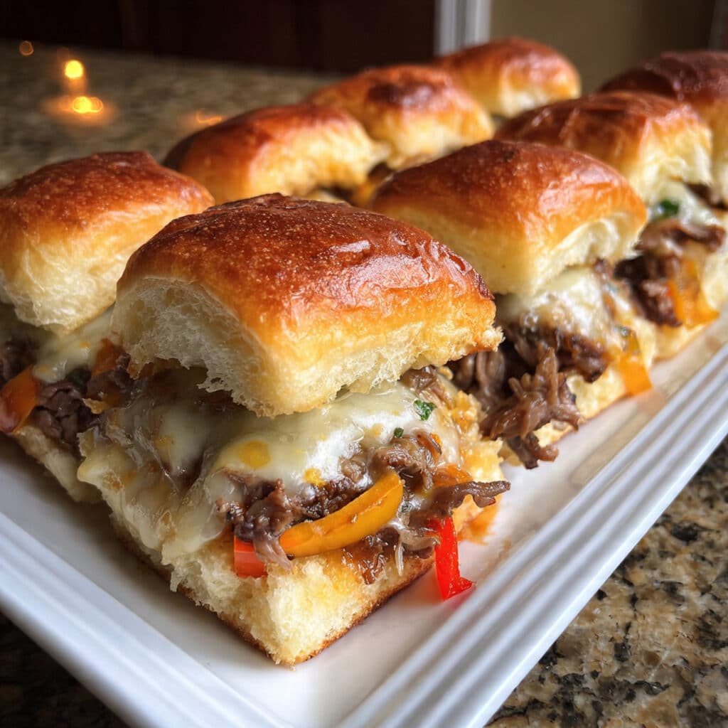 Philly Cheese Steak Sliders are bite-sized perfection! Tender beef, melted provolone, sweet caramelized veggies, all on buttery Hawaiian rolls. Perfect for game day, parties