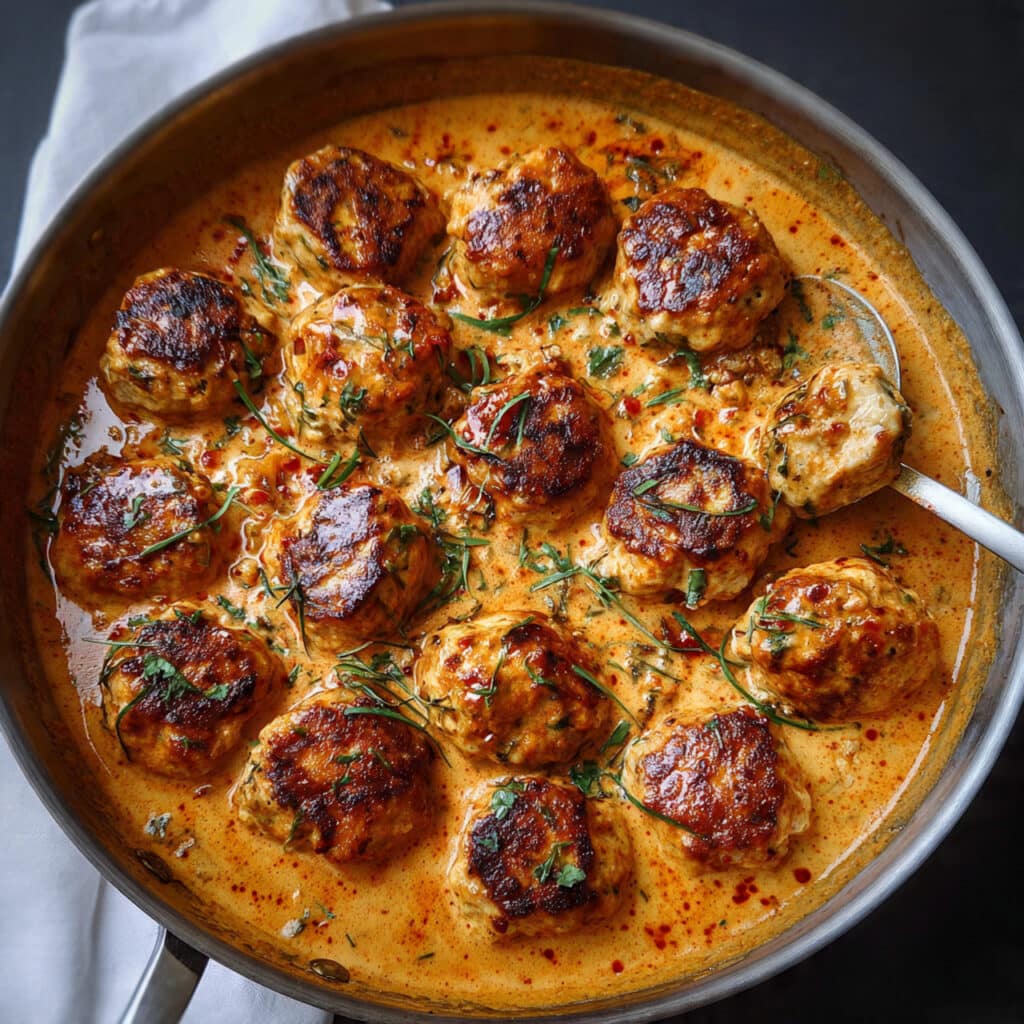 Tender Paprika Chicken Meatballs swimming in the most incredible creamy paprika sauce — comfort food at its best!