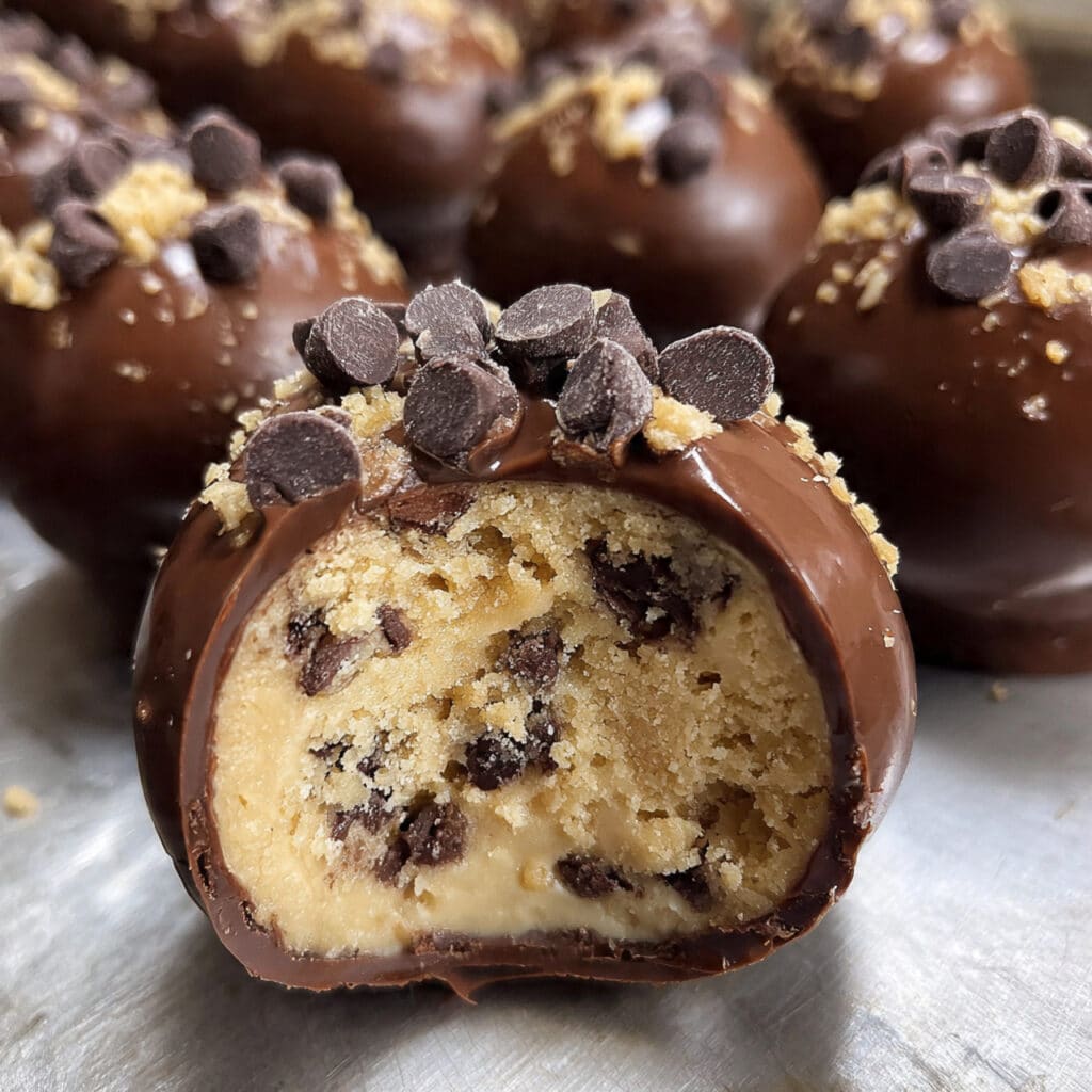 Chocolate chip cookie dough brownie bombs on a white plate with one cut in half showing the cookie dough filling inside