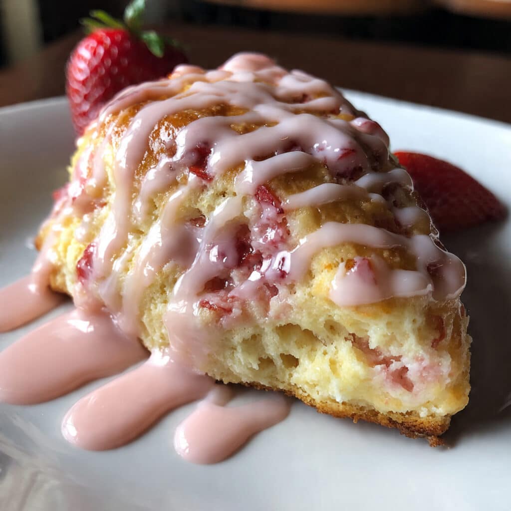 Strawberry Scones 7 Soft strawberry scones with pink strawberry glaze drizzled on top, arranged on a white plate with fresh strawberries