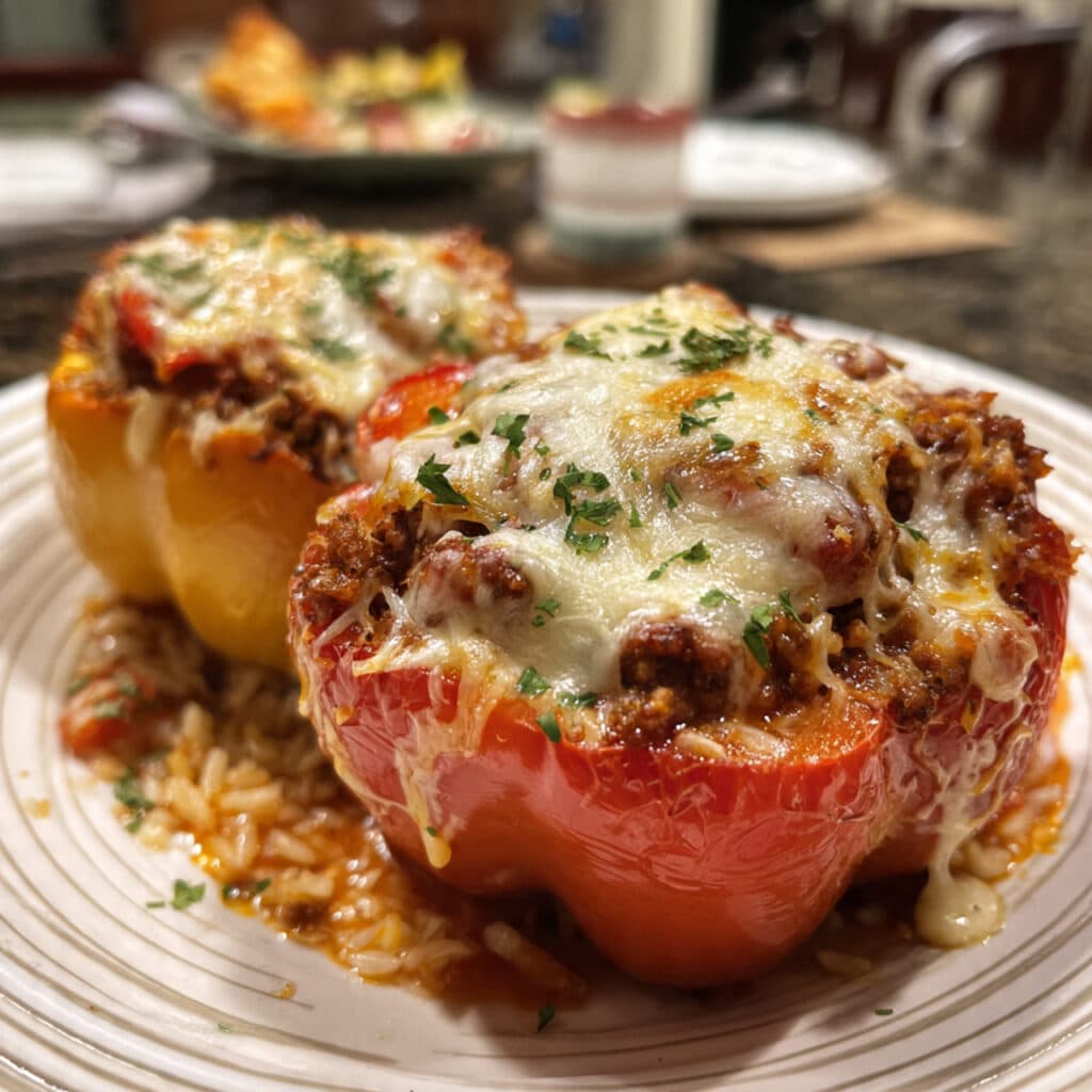 Italian stuffed bell peppers filled with seasoned ground beef, rice, tomatoes, and melted mozzarella cheese in a white baking dish