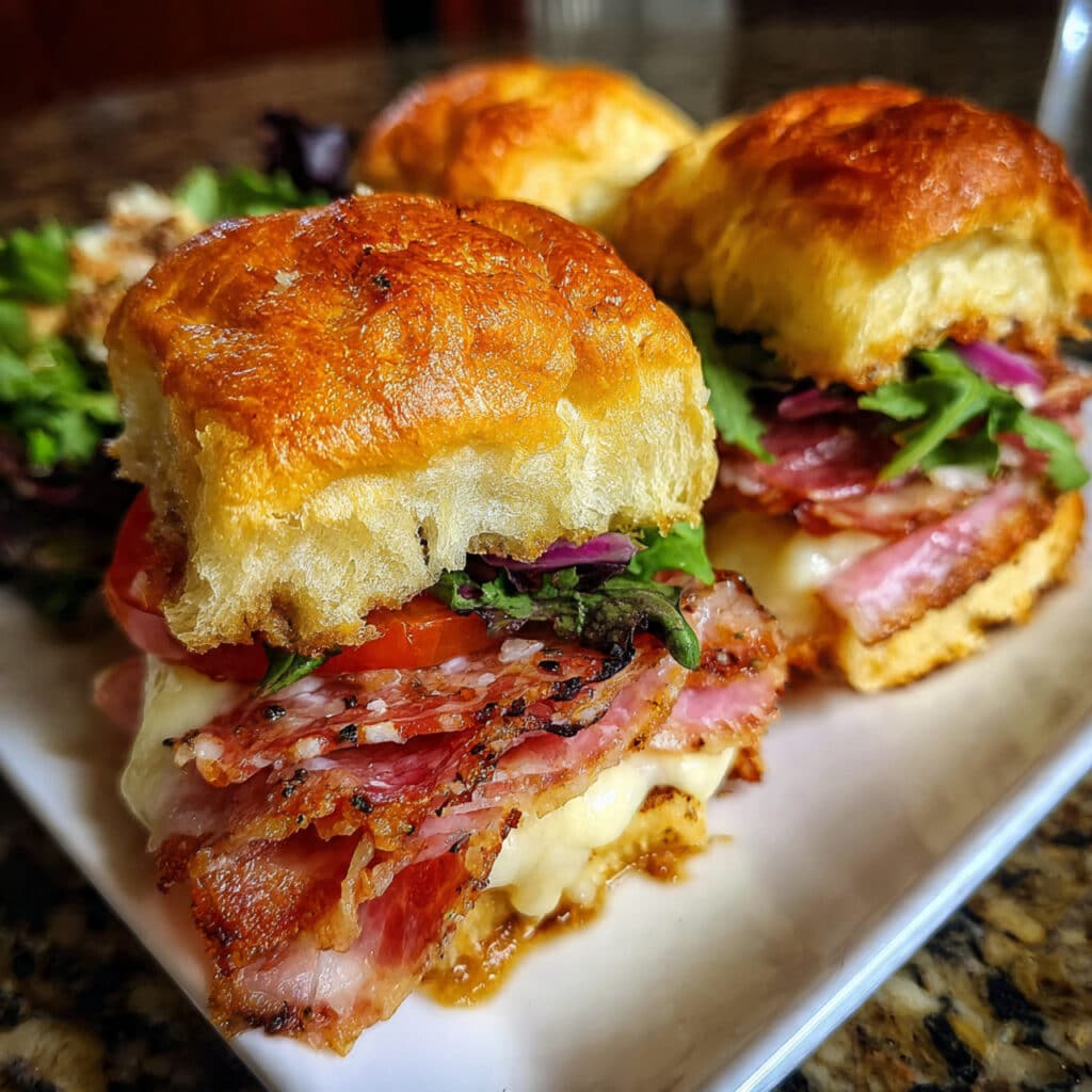 Italian Grinder Sliders feature warm, buttery Hawaiian rolls loaded with Italian meats and cheese, topped with a crisp, tangy grinder salad