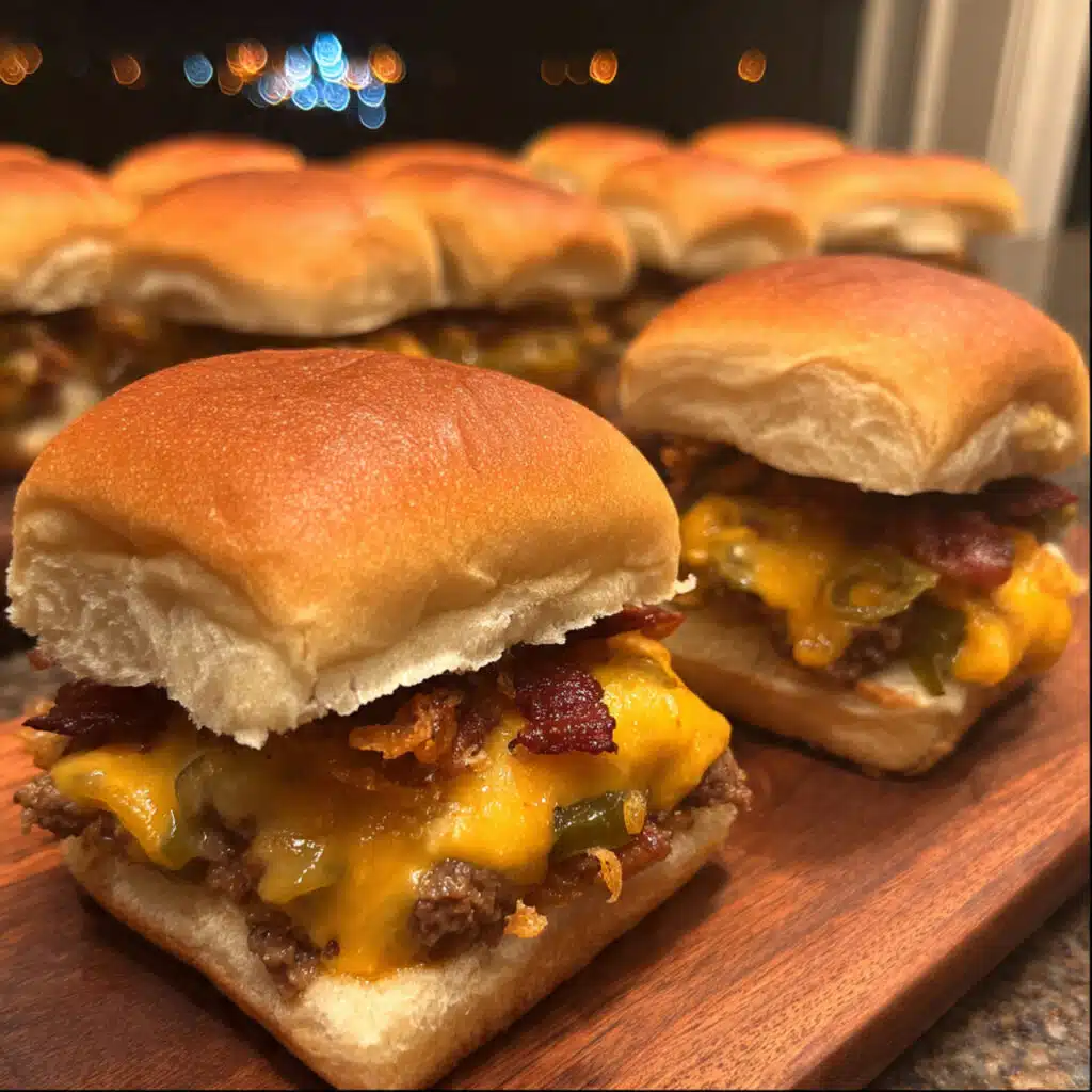 Baked cowboy sliders on Hawaiian rolls topped with melted cheddar cheese, bacon, jalapeños, and crispy fried onions in a baking dish