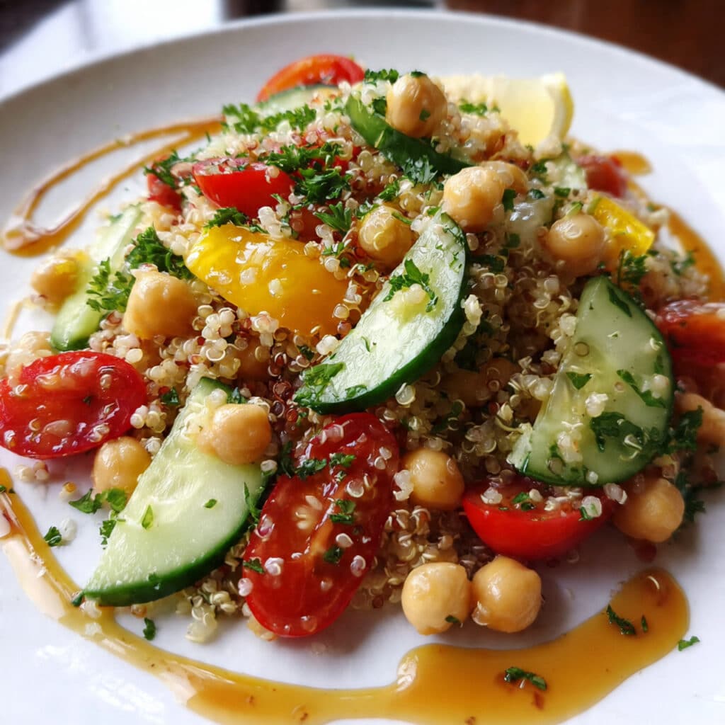 Fresh and vibrant lemon herb quinoa salad with crisp vegetables, chickpeas, and tangy feta – perfect for meal prep or summer gatherings!