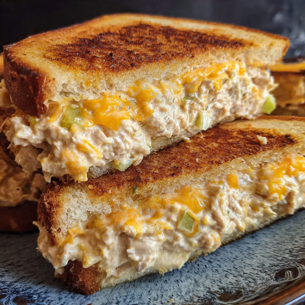 Tuna Melt 6 Golden brown tuna melt sandwich cut in half showing melted cheddar cheese and creamy tuna salad filling on toasted sourdough bread
