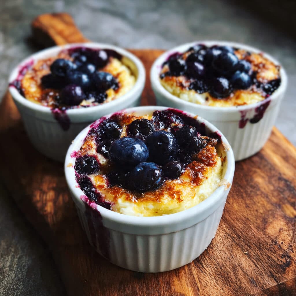 Golden-baked blueberry cottage cheese bowls in white ramekins topped with fresh blueberries, sliced almonds, and a drizzle of honey on a rustic wooden table
