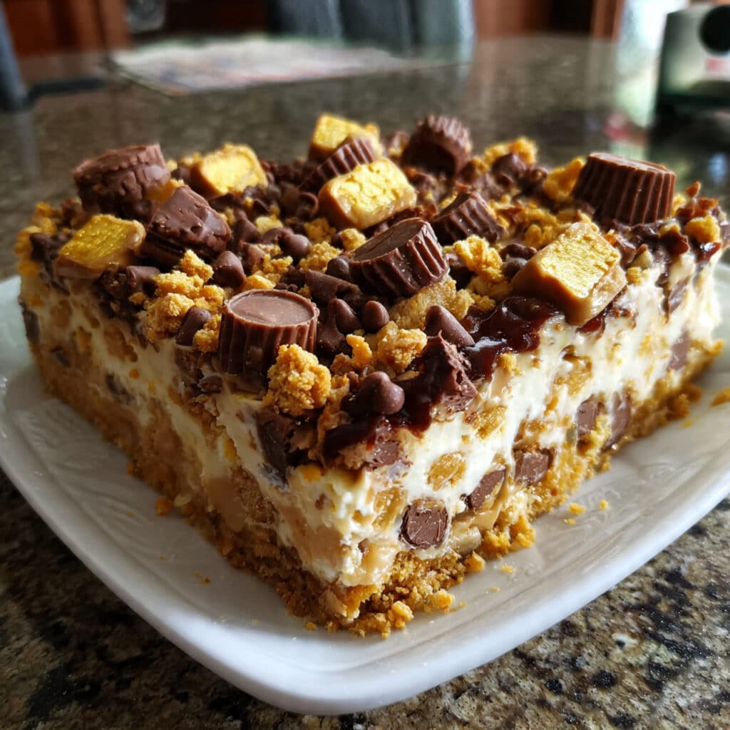 Peanut Butter Cup Dump Cake 7 Peanut Butter Cup Dump Cake on a white plate with melted chocolate chips and peanut butter cups visible, topped with vanilla ice cream