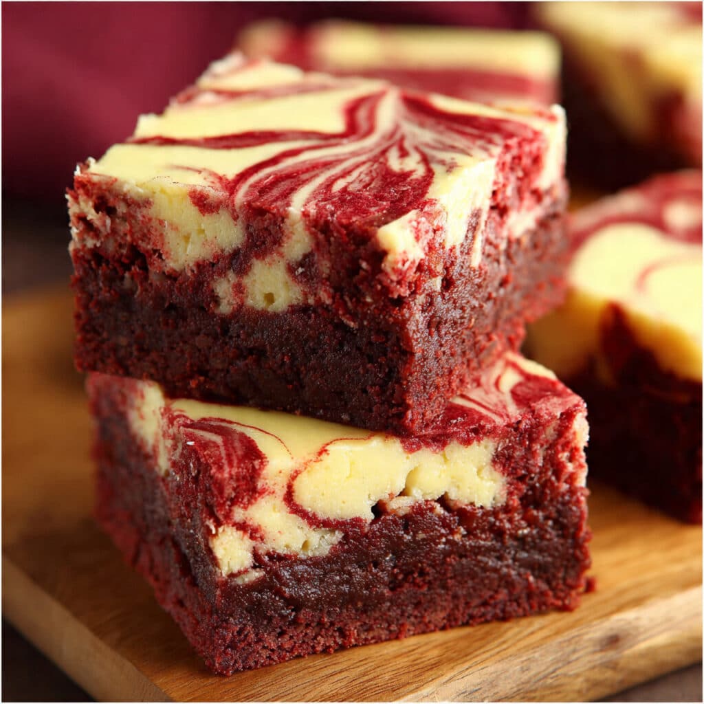Red velvet brownies with cream cheese swirl cut into squares, showing fudgy texture and marbled cream cheese throughout, displayed on white parchment paper