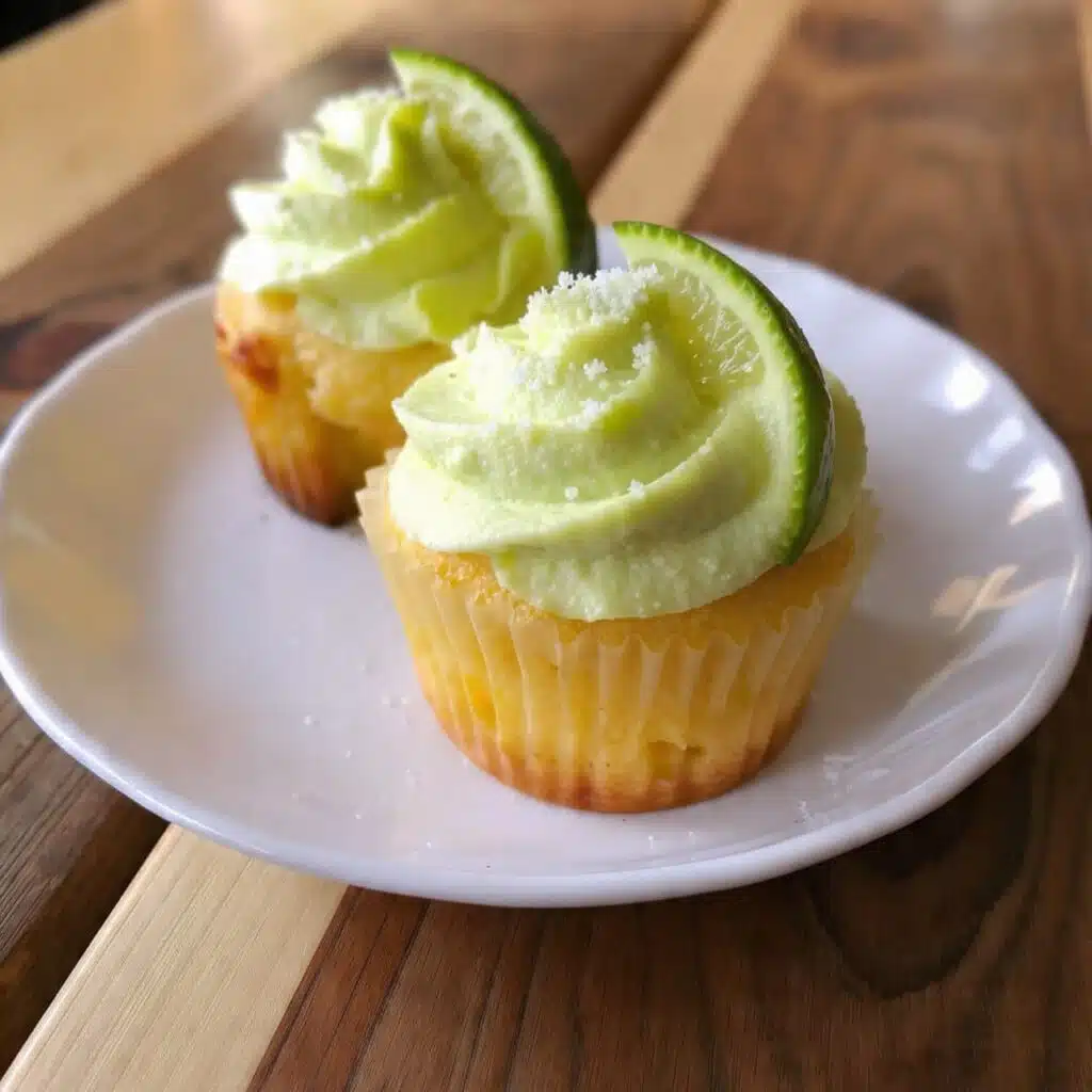 Margarita cupcakes topped with tequila lime buttercream frosting, garnished with fresh lime slices and coarse sugar on white serving platter