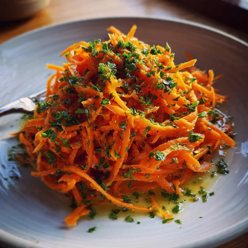 Raw Carrot Salad 6 Fresh raw carrot salad in a white bowl with shredded orange carrots, parsley garnish, and almonds, dressed with lemon vinaigrette