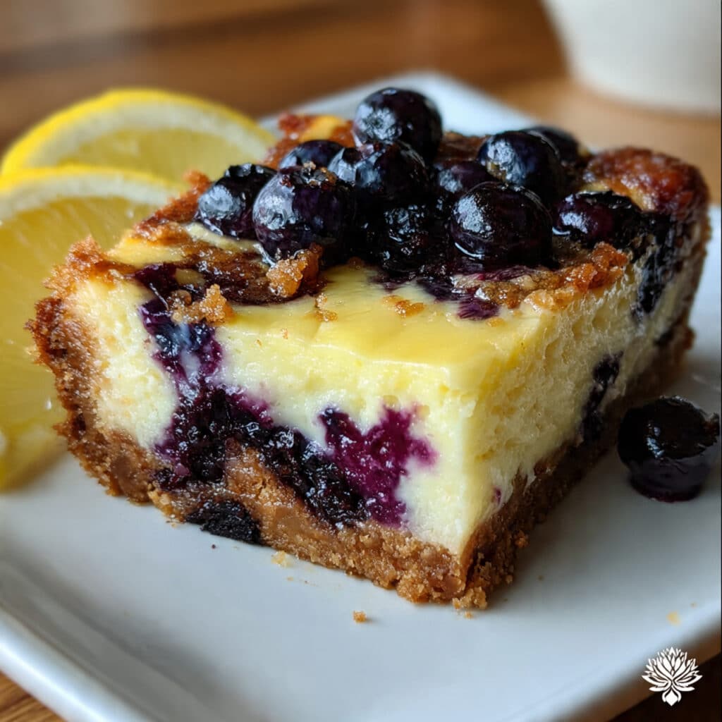 Square blueberry lemon cheesecake bars on a white plate showing creamy yellow cheesecake with purple blueberry swirls and golden graham cracker crust