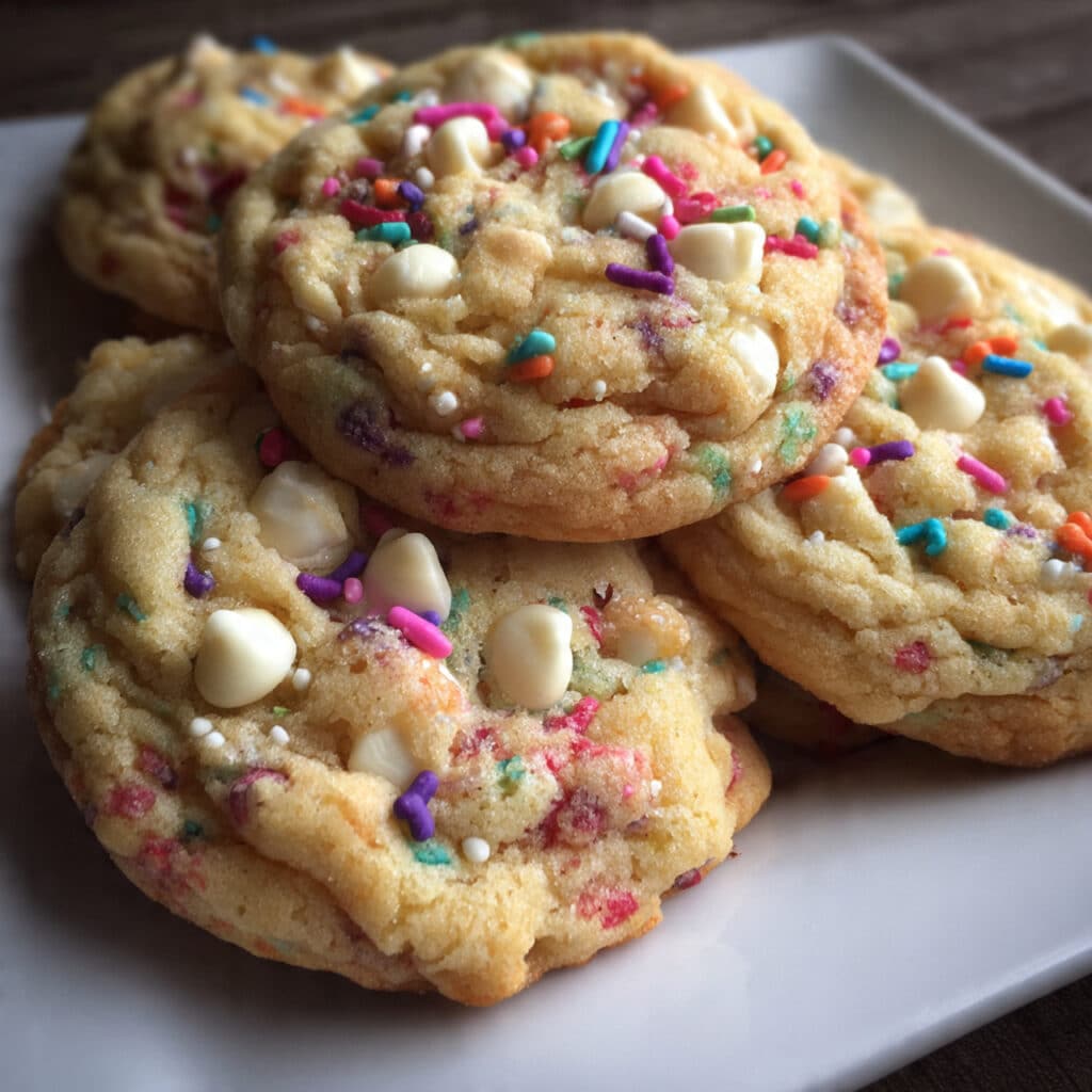 Easter Funfetti Cake Cookies 4 Easter funfetti cake cookies with rainbow sprinkles on a white plate, showing their tender, cake-like texture and colorful appearance