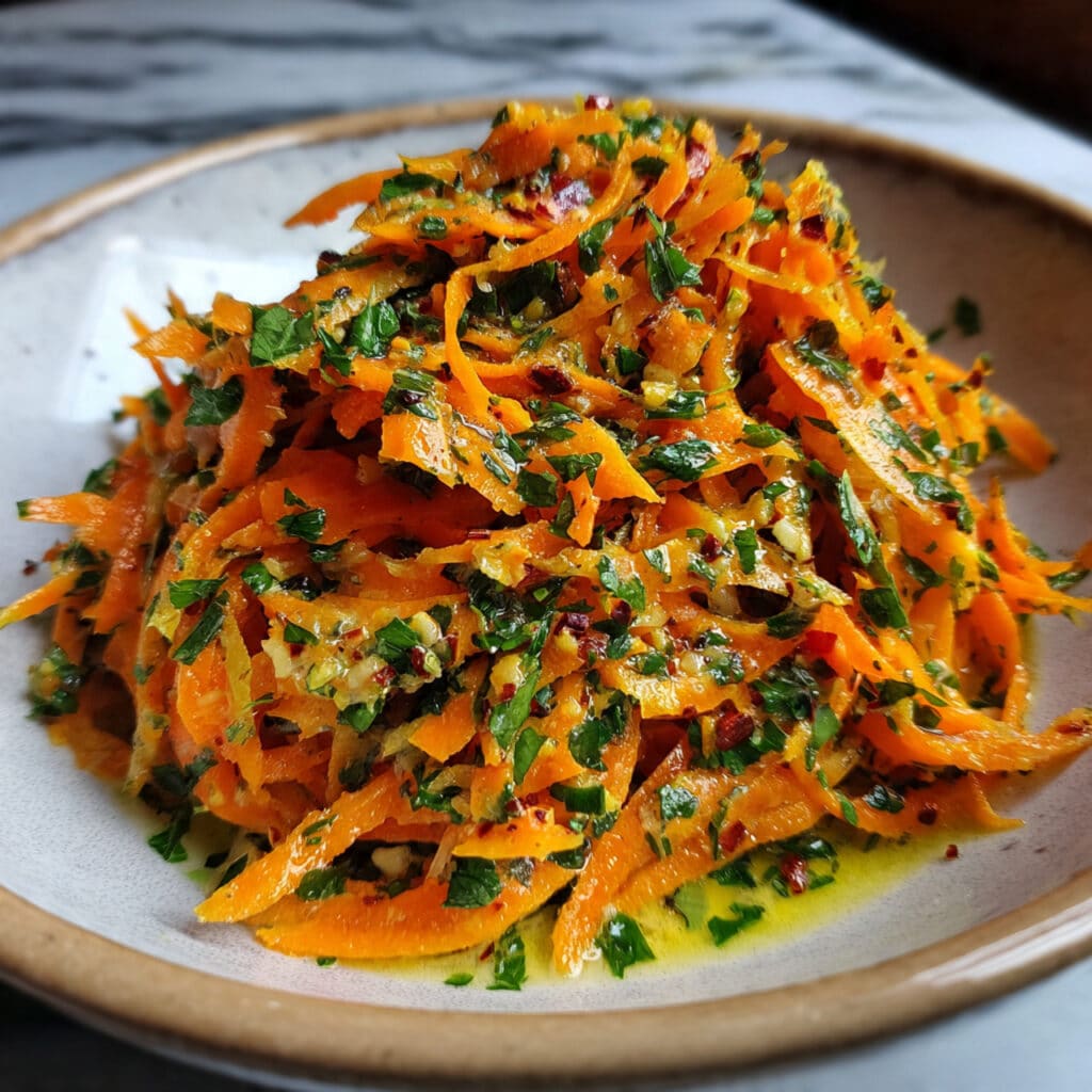 Fresh raw carrot salad in a white bowl with shredded orange carrots, parsley garnish, and almonds, dressed with lemon vinaigrette