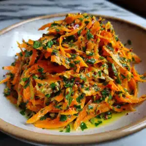 Fresh raw carrot salad in a white bowl with shredded orange carrots, parsley garnish, and almonds, dressed with lemon vinaigrette