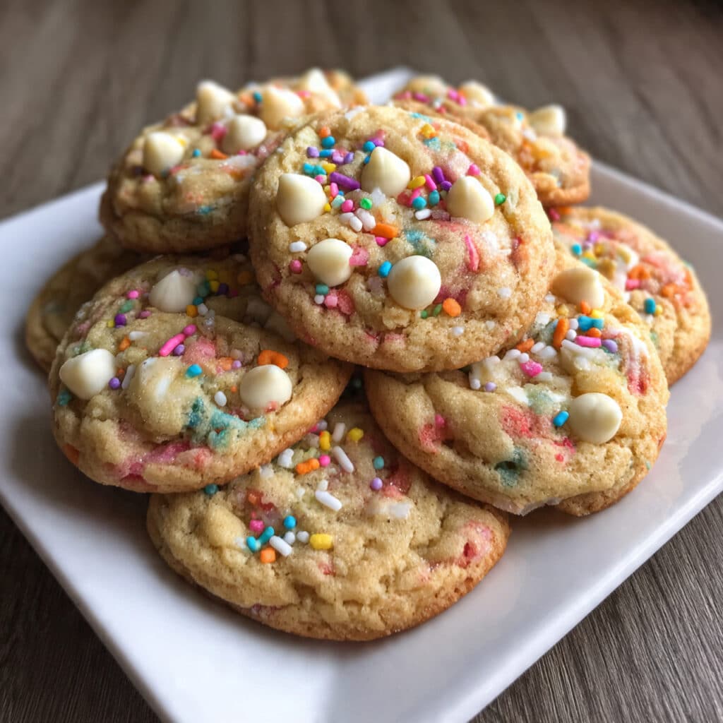 Easter Funfetti Cake Cookies 6 Easter funfetti cake cookies with rainbow sprinkles on a white plate, showing their tender, cake-like texture and colorful appearance