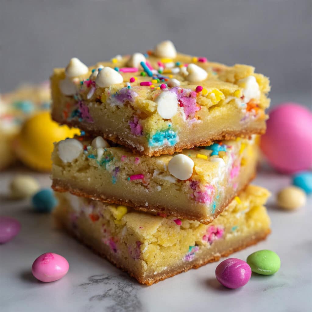 Easter cake mix cookie bars with pastel sprinkles, white chocolate chips, and sweet icing drizzled on top, cut into squares on a white serving platter