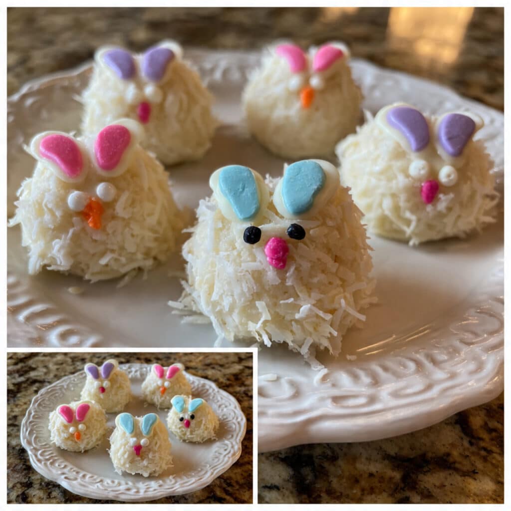 Easter Bunny Coconut Tails 6 Easter Bunny Coconut Tails – adorable, chewy coconut cookies dipped in white chocolate and decorated to look like sweet little bunnies. Perfect for Easter celebrations