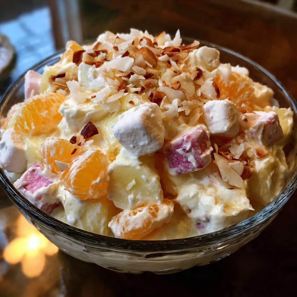 Easter ambrosia salad with pineapple chunks, mandarin oranges, marshmallows, and shredded coconut garnished with fresh strawberries