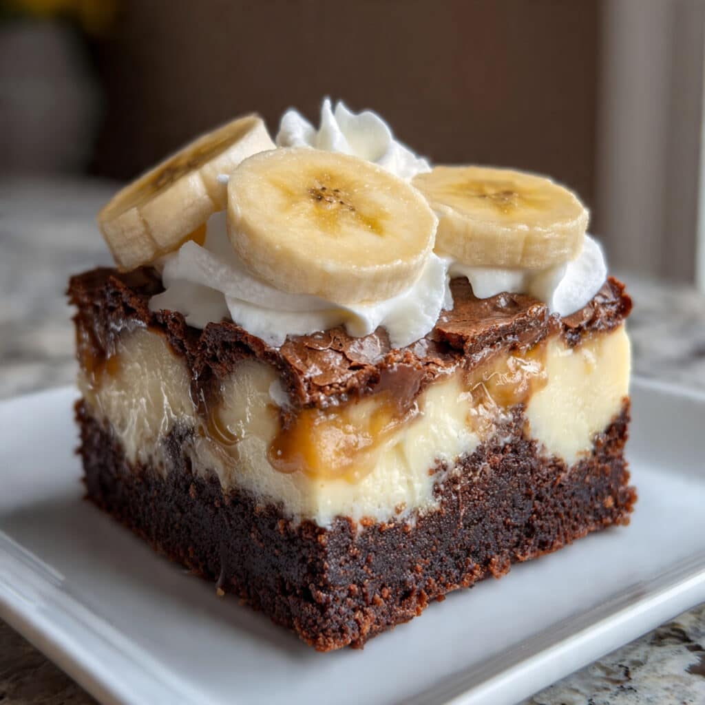 banana pudding brownies in a 9x13 pan showing fudgy chocolate brownie base, creamy vanilla pudding