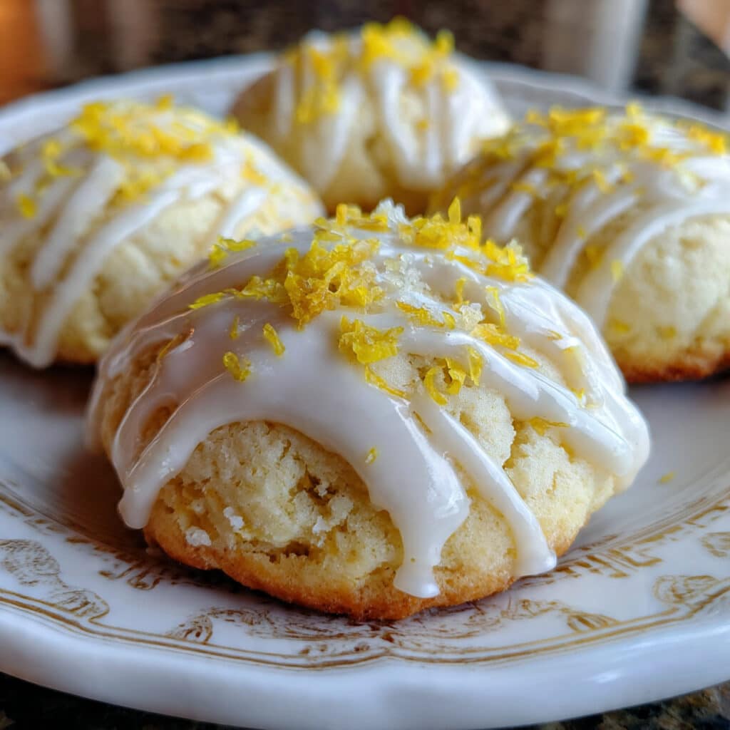 limoncello ricotta cookies with glossy white glaze drizzled on top, garnished with fresh lemon zest and yellow sprinkles