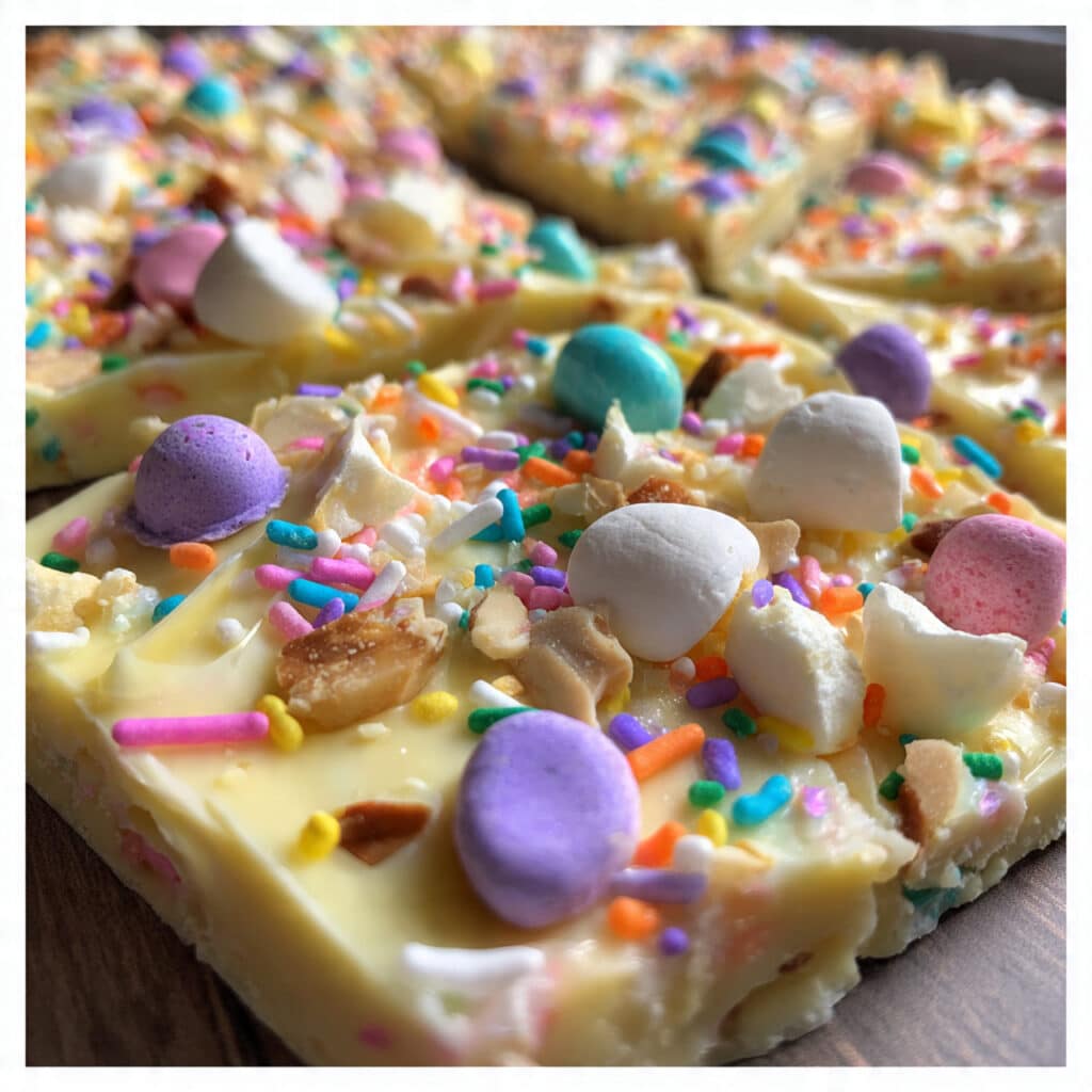 White Chocolate Easter Bark with pastel candies, marshmallows, and a sweet-salty crunch—perfect for spring celebrations!