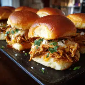 Golden-topped chicken enchilada sliders in a baking dish, filled with melted cheese and shredded chicken in enchilada sauce