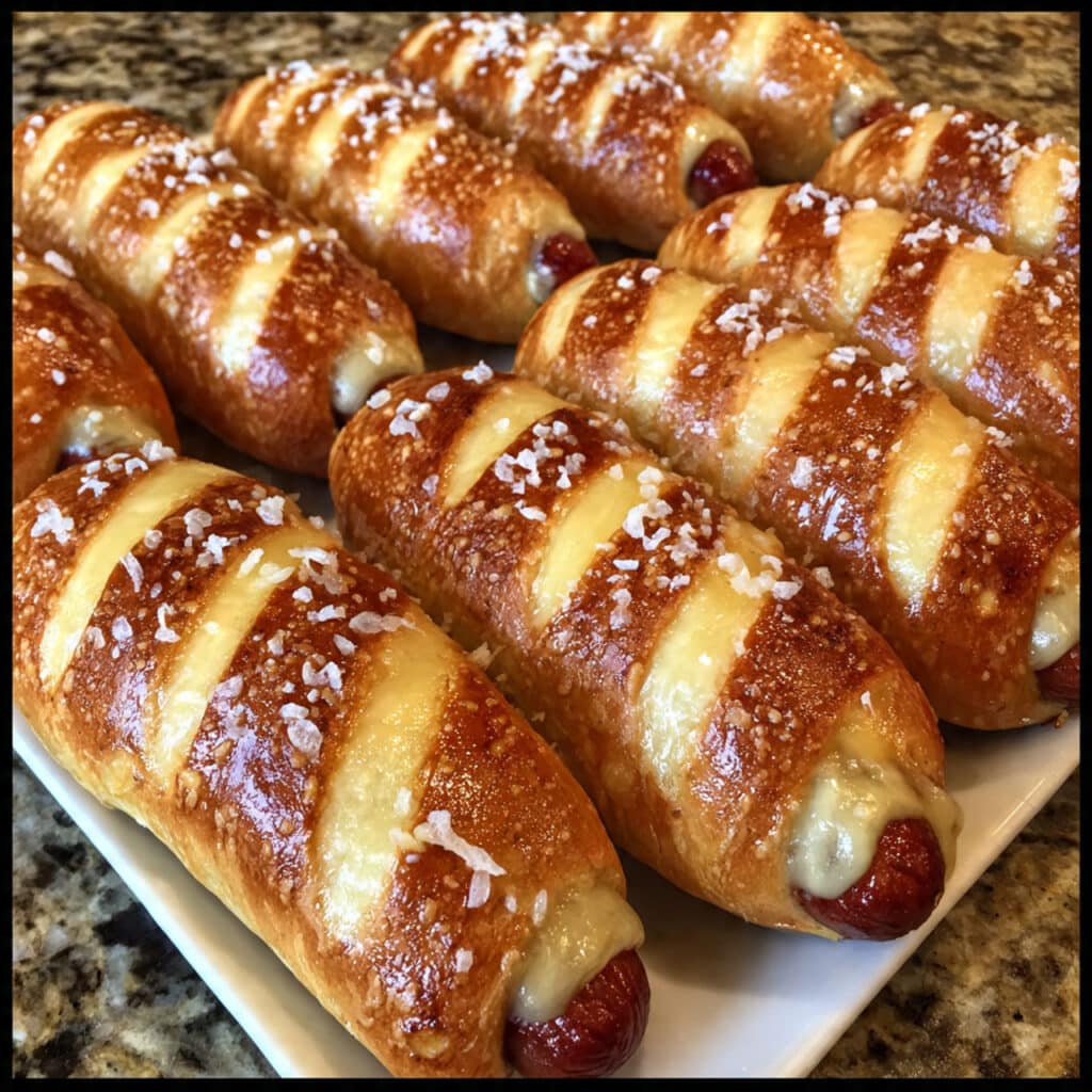 homemade baked cheesy pretzel dogs are so much better than anything you'll find at the ballpark! Soft pretzel dough wrapped around juicy hot dogs