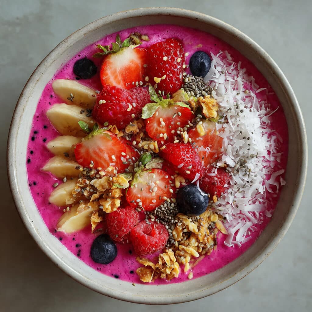A vibrant pink pitaya smoothie bowl topped with fresh strawberries, blueberries, banana slices, granola, coconut flakes, and chia seeds arranged in colorful rows