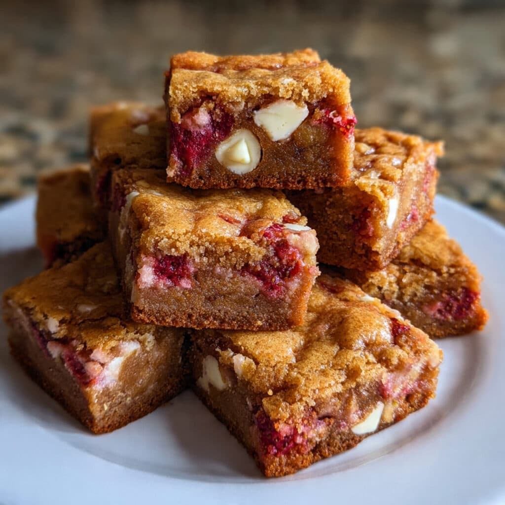 brown strawberry blondies cut into squares on a white serving platter, showing moist interior with fresh strawberry pieces and white chocolate chips