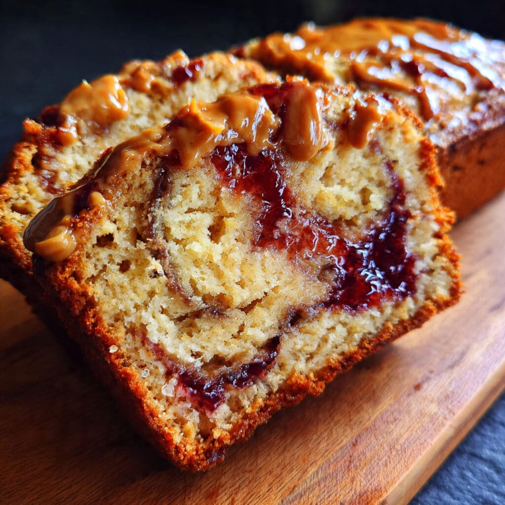 Peanut Butter and Jelly Banana Bread 6 Peanut Butter and Jelly Banana Bread combines everything you love about classic PB&J with tender, moist banana bread. Every slice is packed with ribbons of creamy peanut butter and sweet jam
