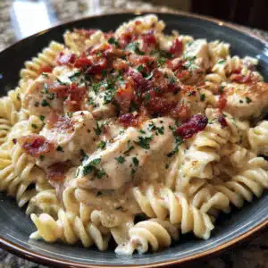 Chicken Bacon Ranch Pasta 9 Creamy chicken bacon ranch pasta in a white bowl with melted cheese, crispy bacon pieces, and fresh parsley garnish