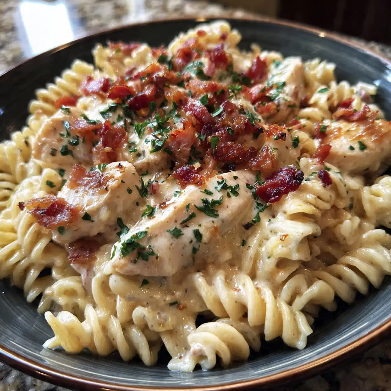 Creamy chicken bacon ranch pasta in a white bowl with melted cheese, crispy bacon pieces, and fresh parsley garnish