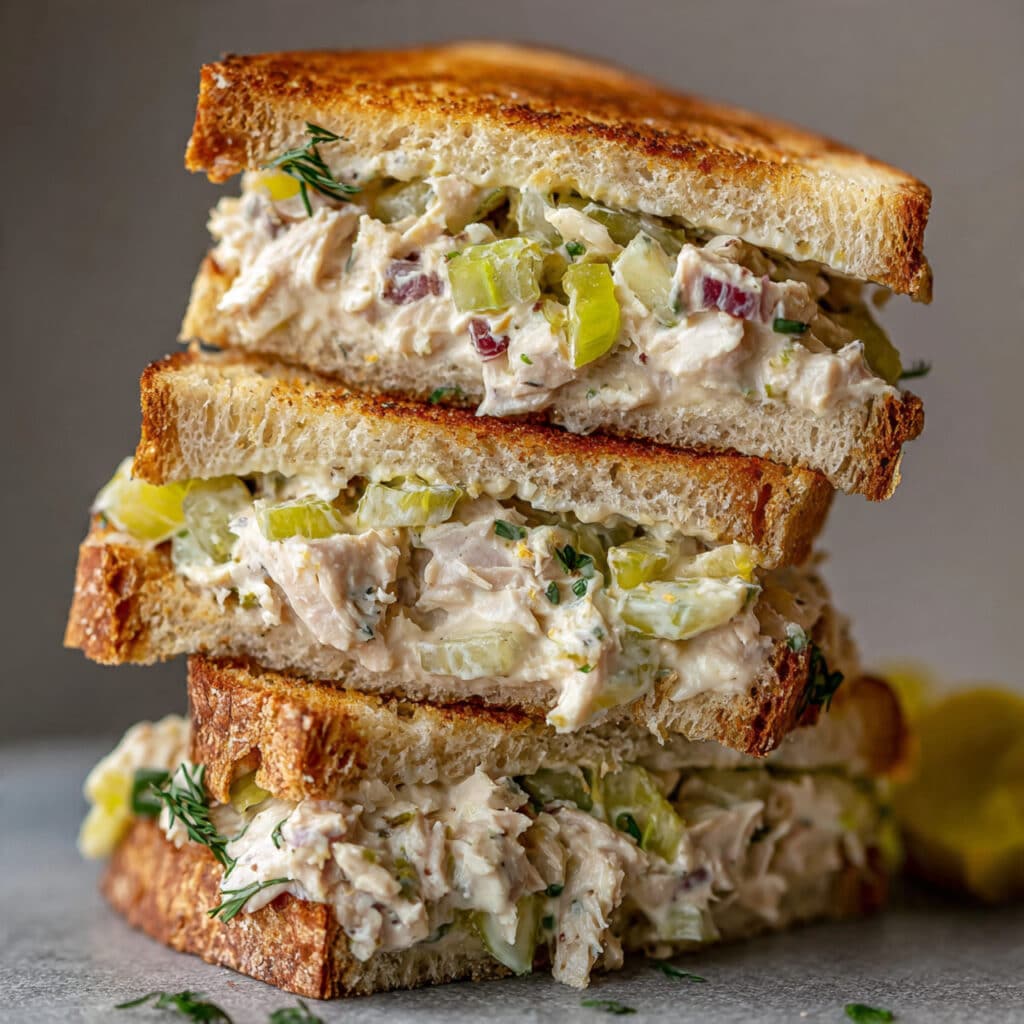 Creamy tuna salad sandwich on toasted wheat bread with crisp lettuce and fresh tomato slices, served with pickle spears and chips on a white plate