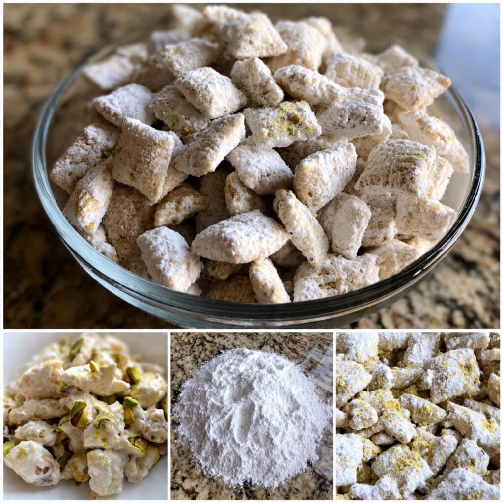 Addictive Pistachio Puppy Chow – the perfect no-bake sweet snack that's ready in 15 minutes! Creamy pistachio flavor meets crunchy cereal for an irresistible treat.