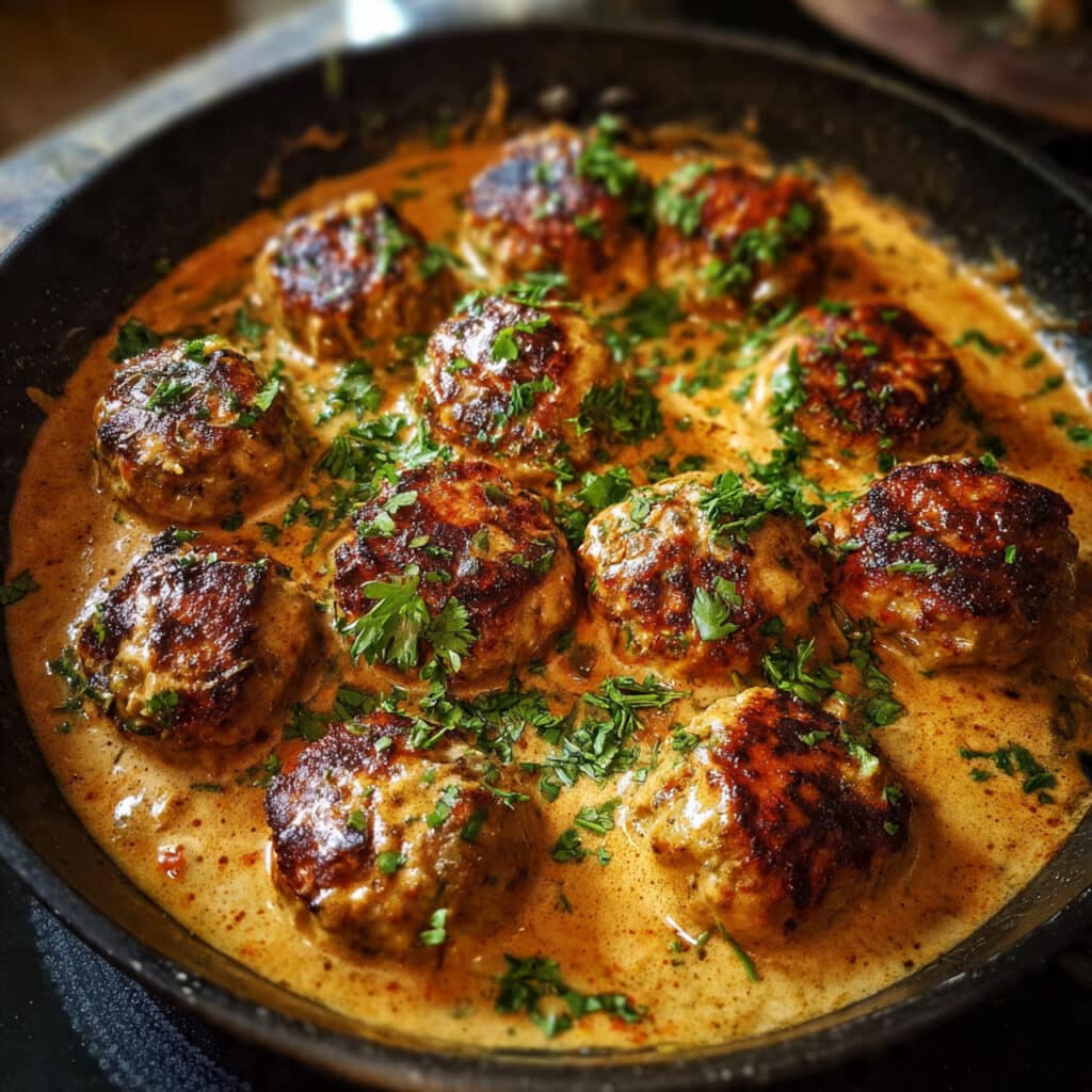 Tender Paprika Chicken Meatballs swimming in the most incredible creamy paprika sauce — comfort food at its best!