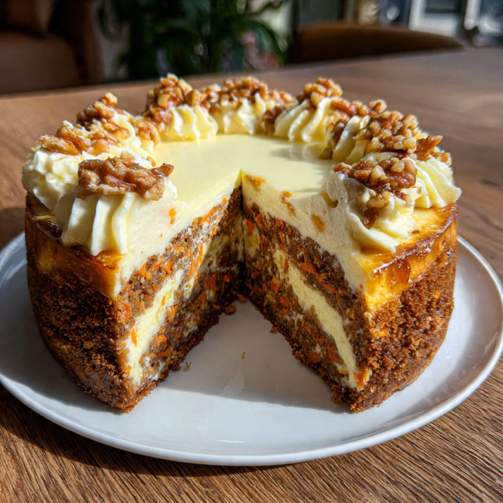 A slice of layered carrot cake cheesecake on a white plate showing marbled orange carrot cake and creamy white cheesecake layers, topped with cream cheese frosting and chopped pecans
