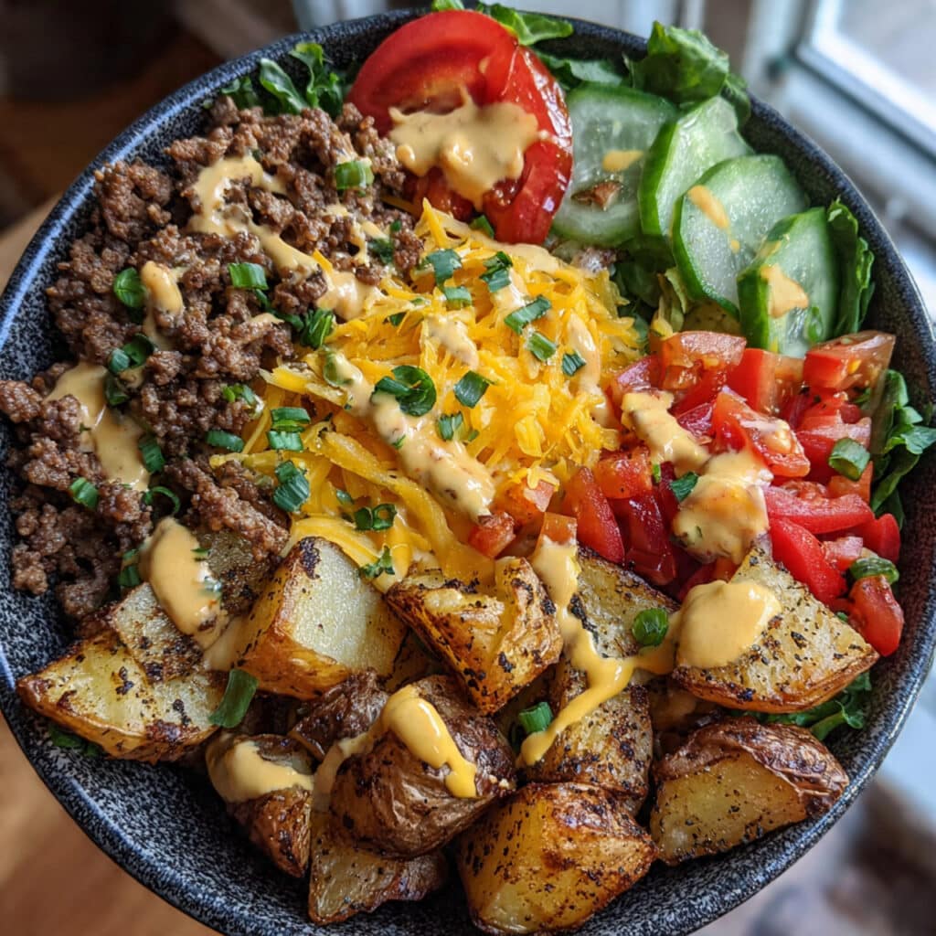 Burger Bowl Recipe: All your favorite burger flavors in a bowl! Crispy Cajun potatoes, seasoned beef, fresh veggies, melted cheese, and the BEST burger sauce