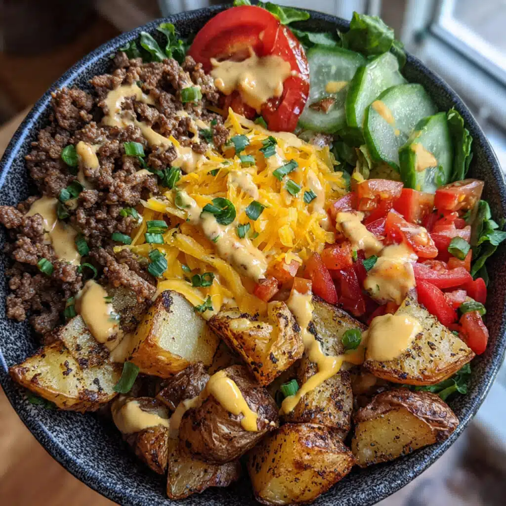 Burger Bowl Recipe: All your favorite burger flavors in a bowl! Crispy Cajun potatoes, seasoned beef, fresh veggies, melted cheese, and the BEST burger sauce