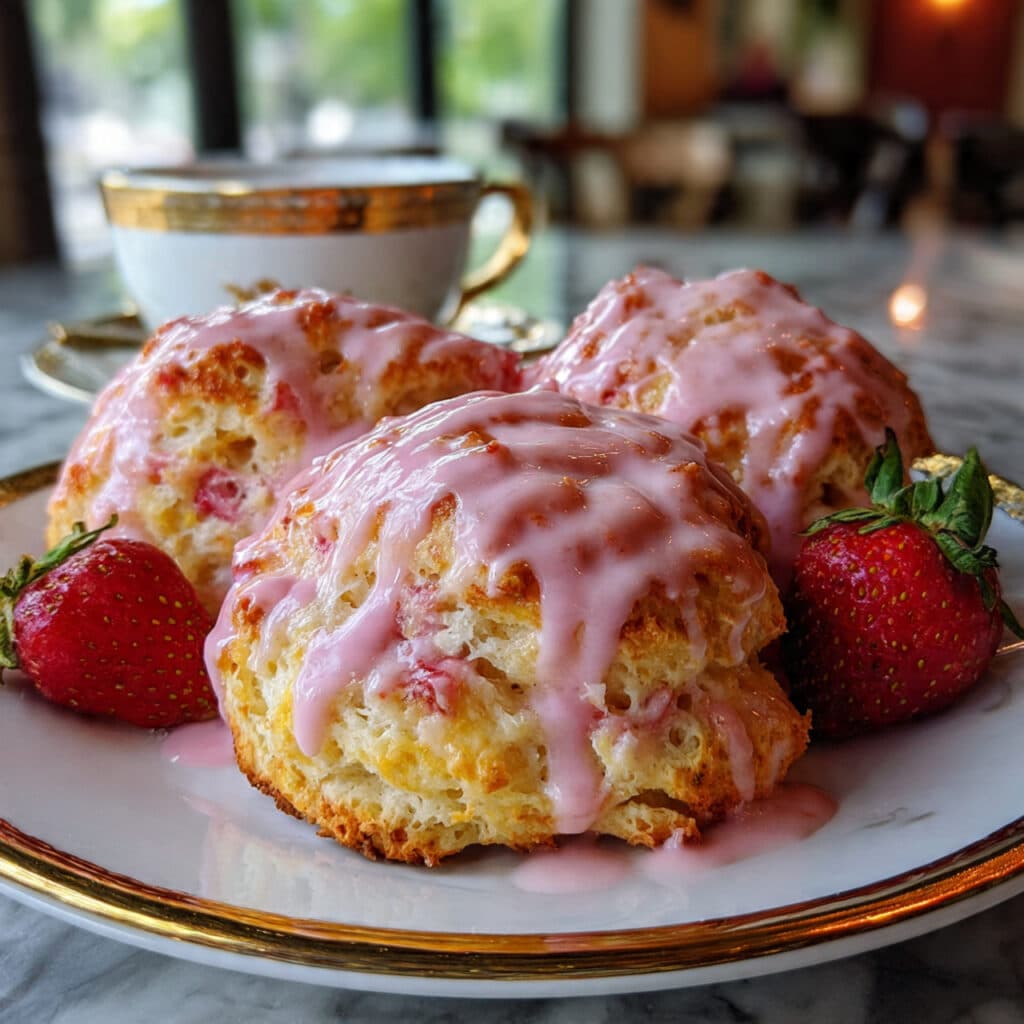 Strawberry Scones 5 Soft strawberry scones with pink strawberry glaze drizzled on top, arranged on a white plate with fresh strawberries