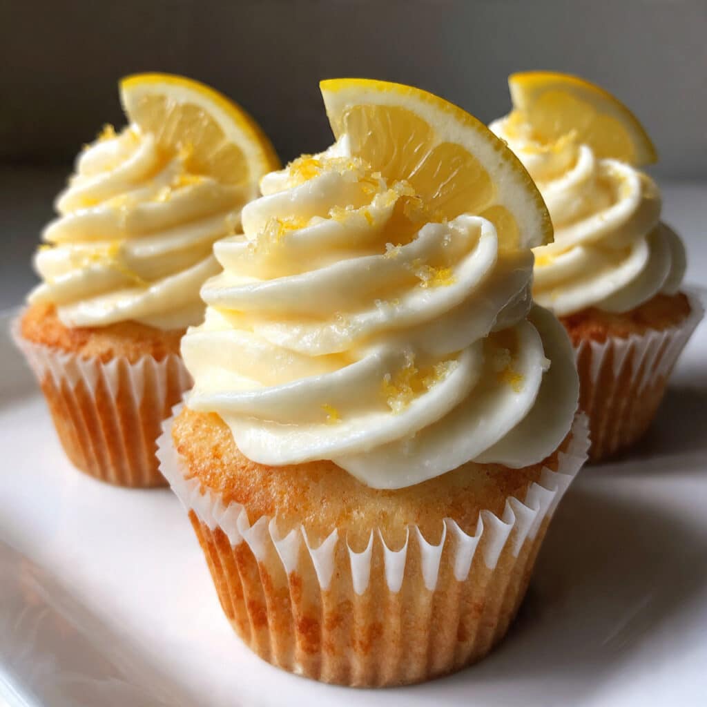 Lemon limoncello cupcakes topped with swirled lemon buttercream frosting, garnished with lemon zest curls and yellow sprinkles on a white cake stand