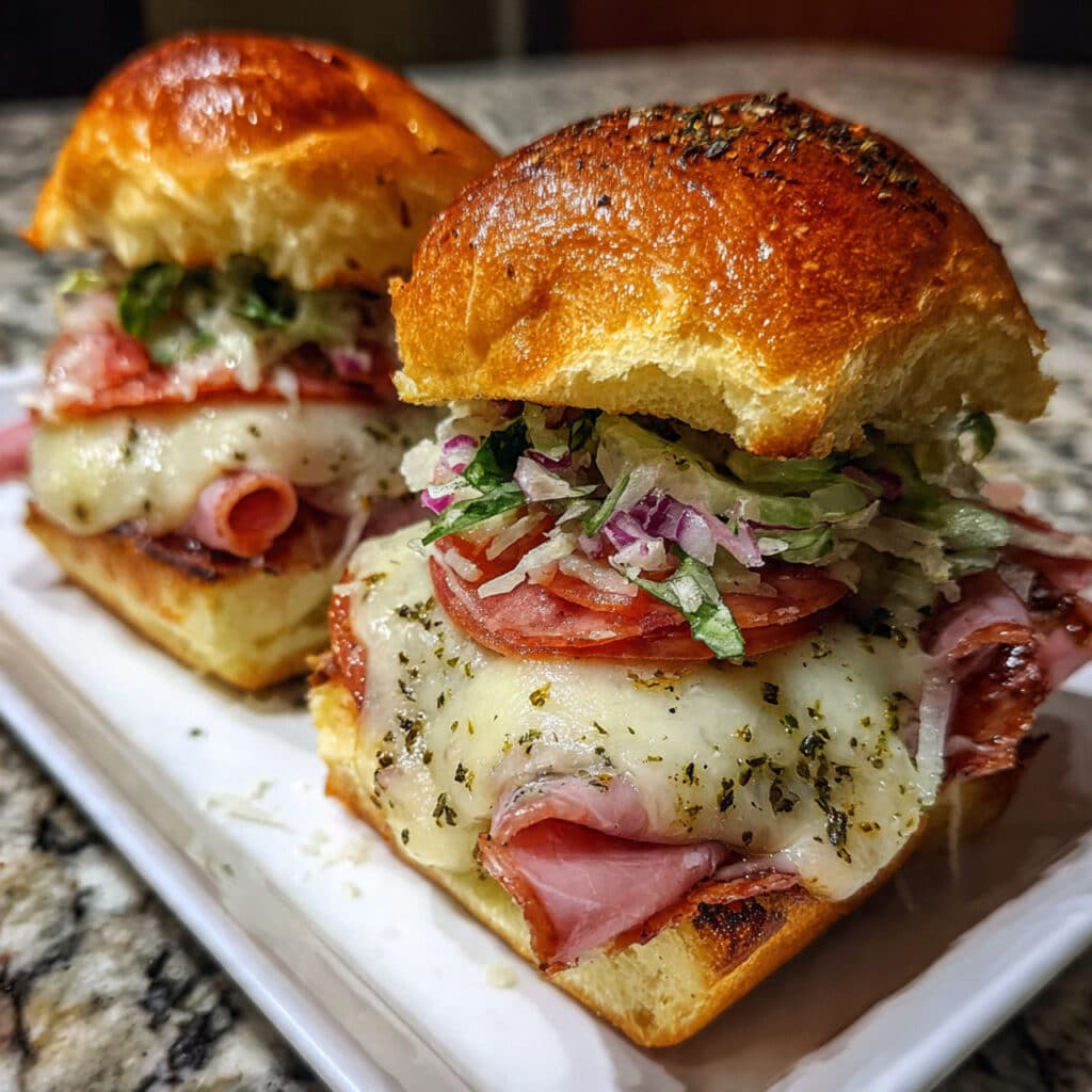 Italian Grinder Sliders feature warm, buttery Hawaiian rolls loaded with Italian meats and cheese, topped with a crisp, tangy grinder salad