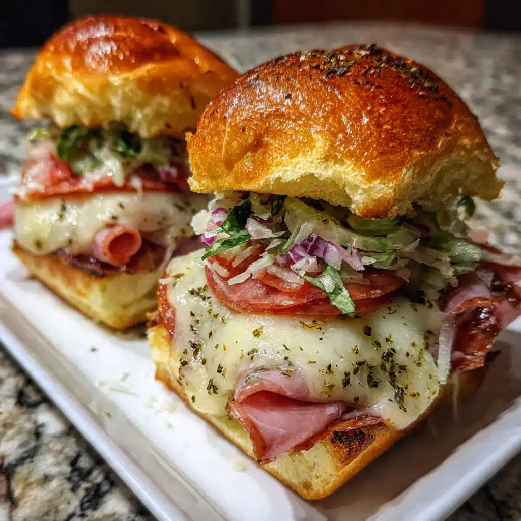 Italian Grinder Sliders feature warm, buttery Hawaiian rolls loaded with Italian meats and cheese, topped with a crisp, tangy grinder salad