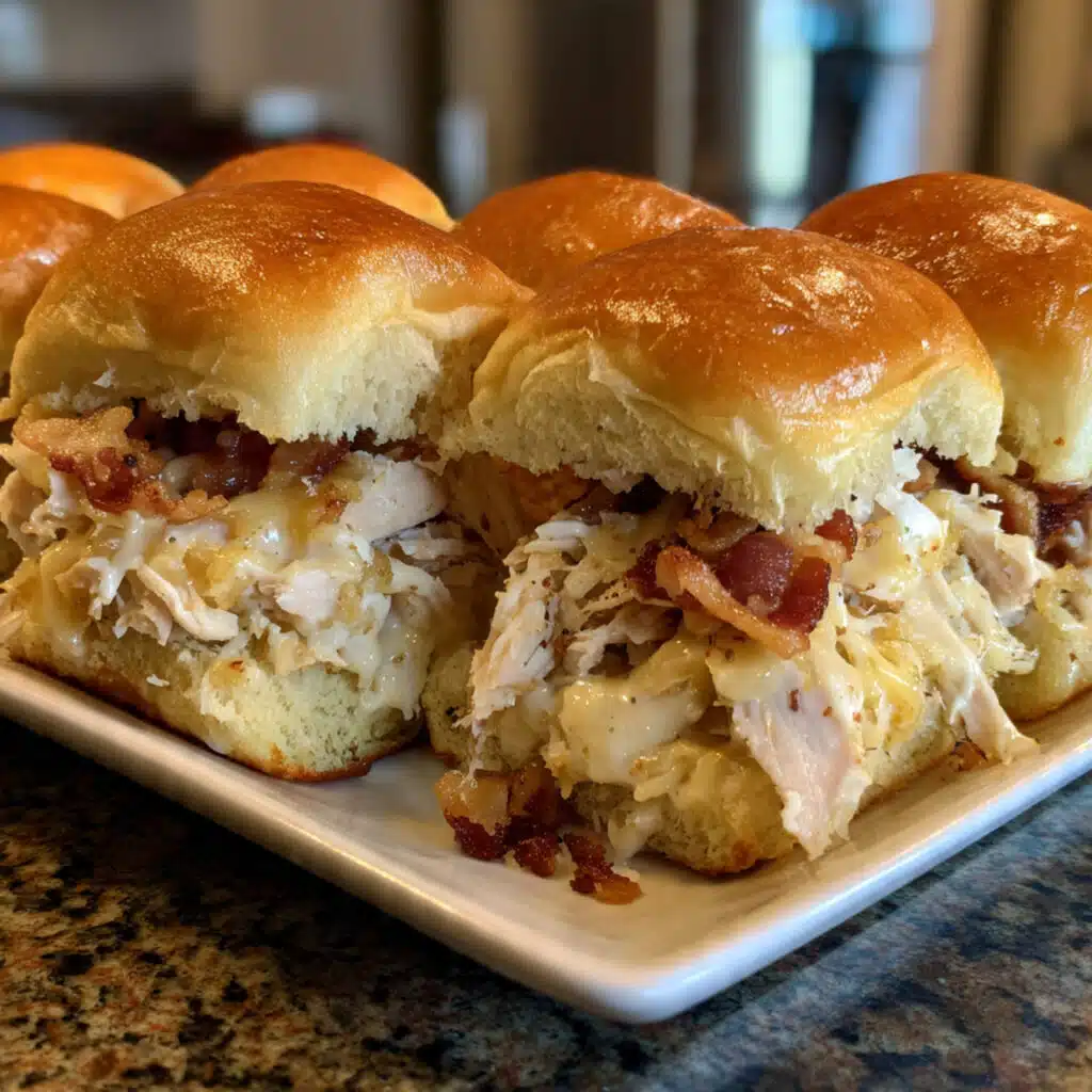Chicken Bacon Ranch Sliders are the easiest party food ever! Tender chicken, crispy bacon, ranch, and melted cheese on buttery Hawaiian rolls.
