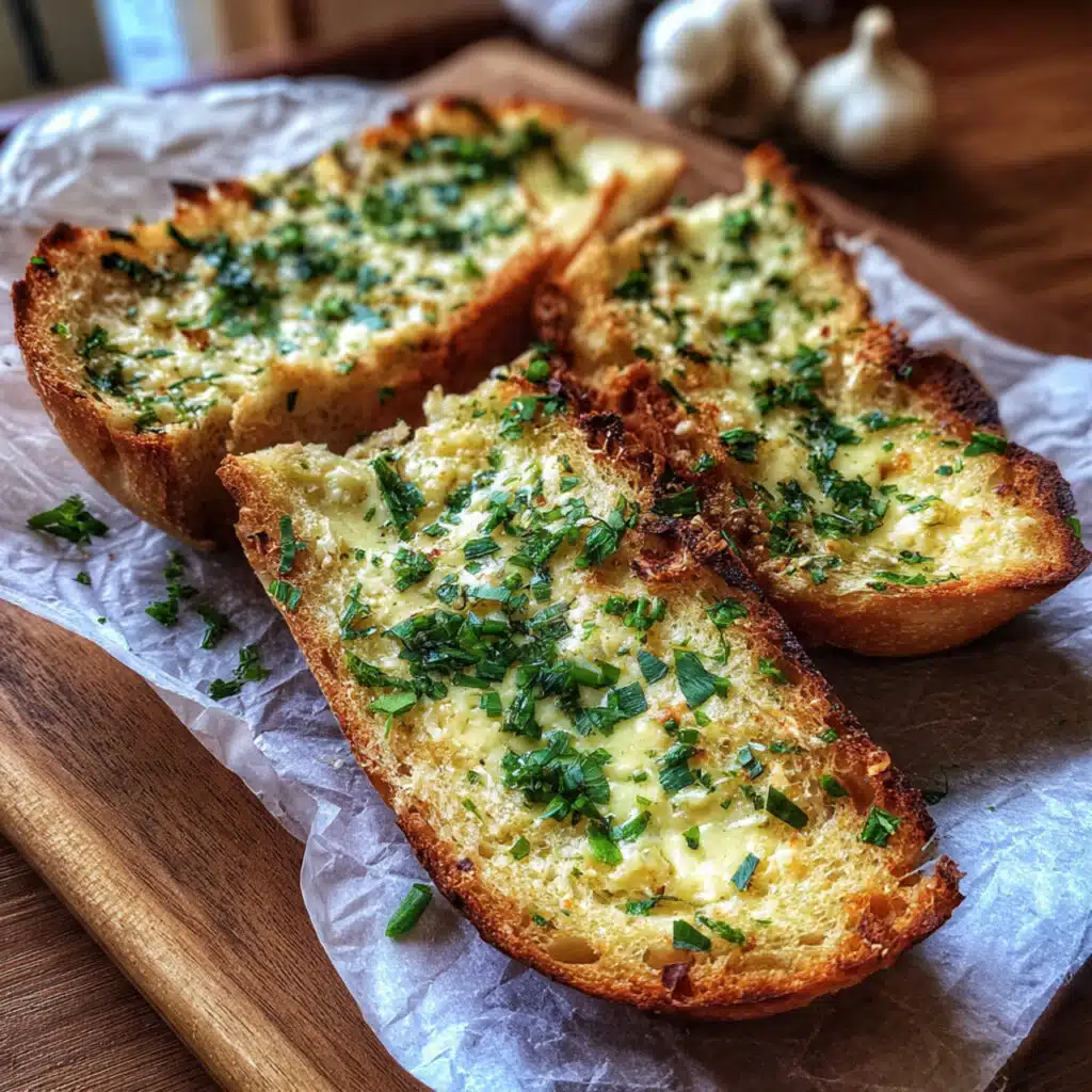Golden brown garlic bread with melted mozzarella cheese, fresh parsley, and visible garlic pieces on a wooden cutting board