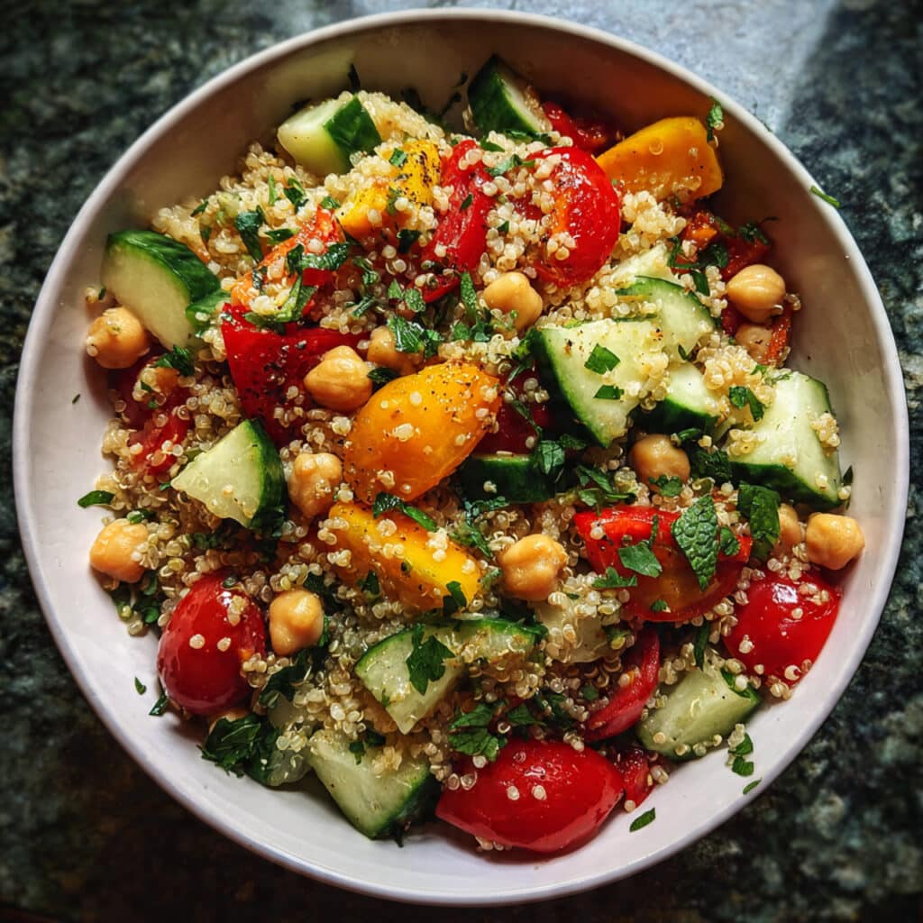 Fresh and vibrant lemon herb quinoa salad with crisp vegetables, chickpeas, and tangy feta – perfect for meal prep or summer gatherings!