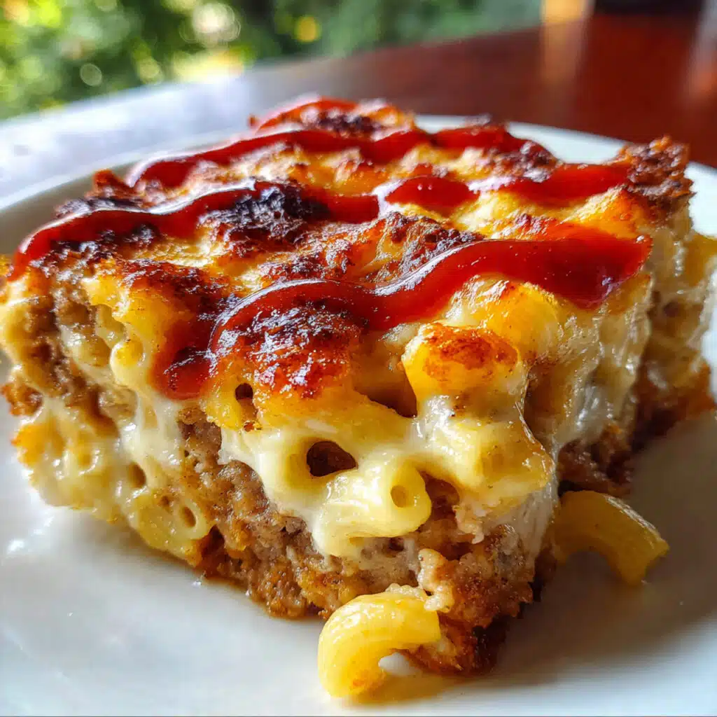Mac and Cheese Meatloaf Casserole in a 9x13 baking dish with golden melted cheese on top, showing layers of pasta and meatloaf
