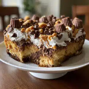 Peanut Butter Cup Dump Cake on a white plate with melted chocolate chips and peanut butter cups visible, topped with vanilla ice cream