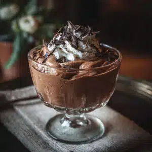 Creamy cottage cheese chocolate mousse served in a clear glass with fresh raspberries and shaved chocolate on top